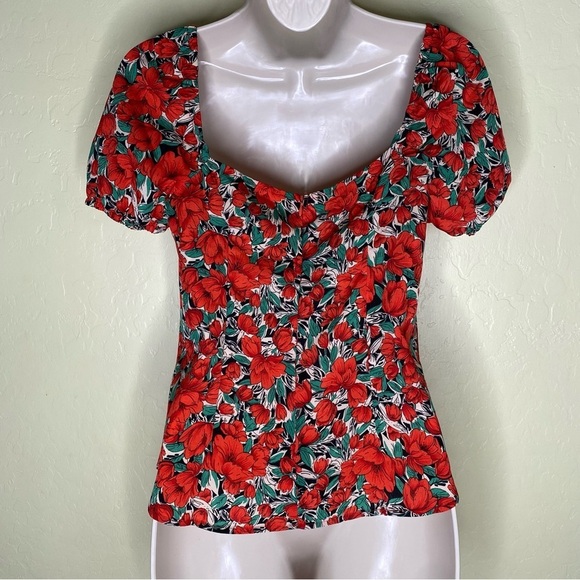 Floral Print Red and Green Puff Sleeve Blouse Top Size Small S - Picture 7 of 16